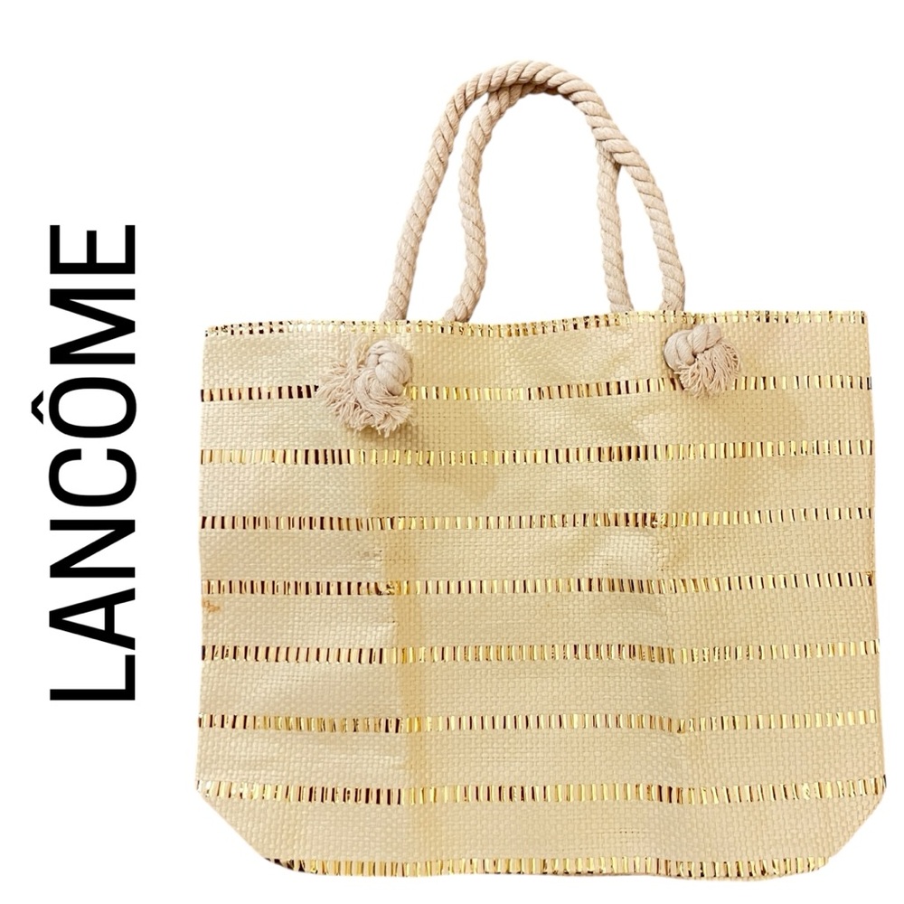 Lancôme Gold and Tan Tote Bag with Elegant Striped Design and Rope Handles